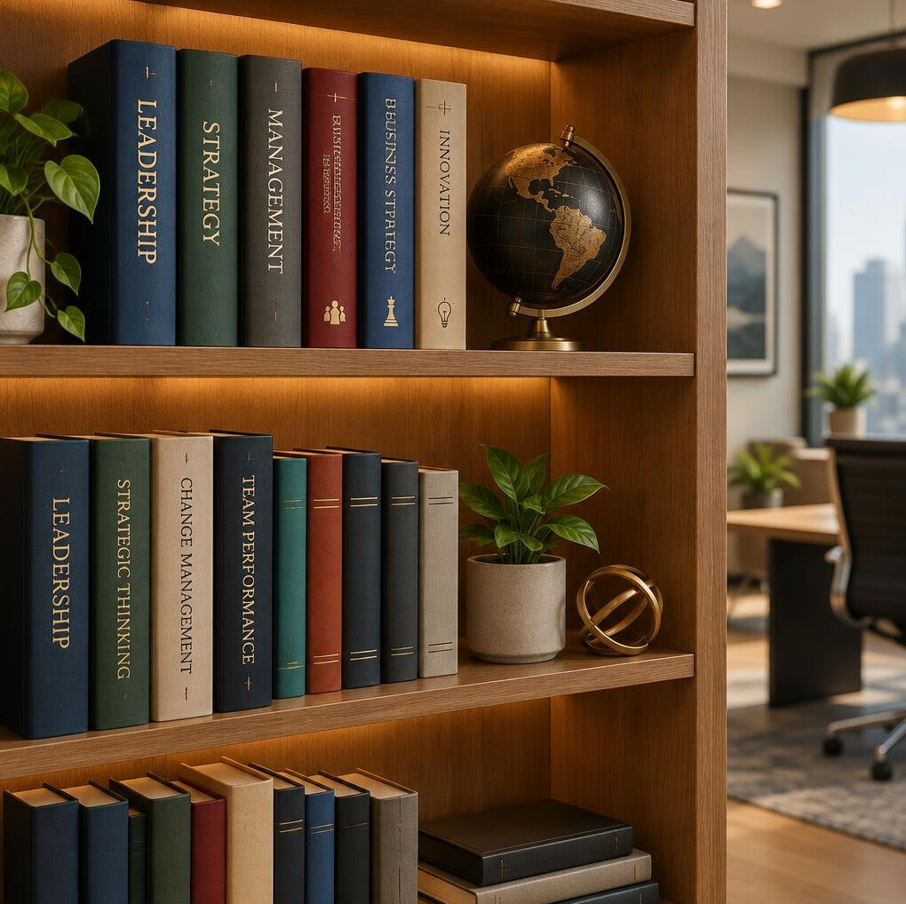 Shelf filled with books on leadership and management in a modern office