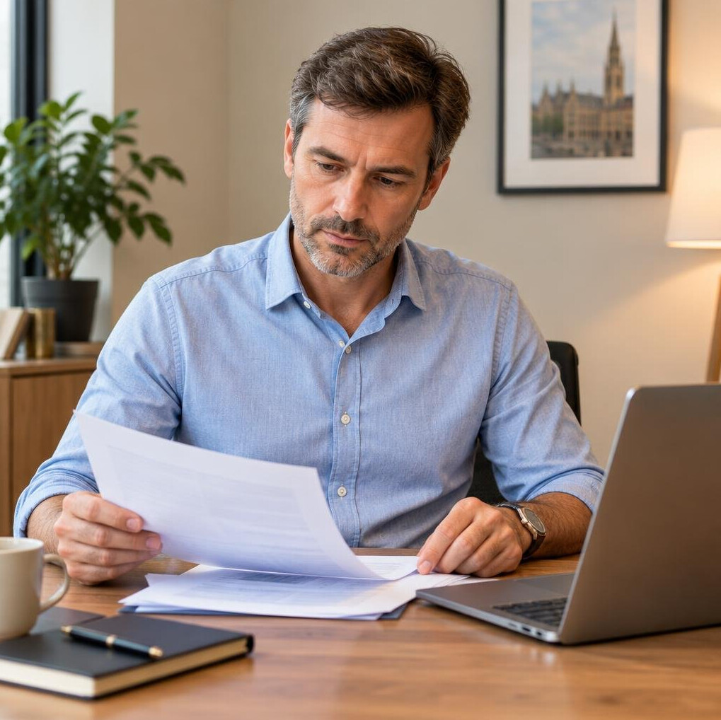Belgian business manager working at a desk with a laptop and documents